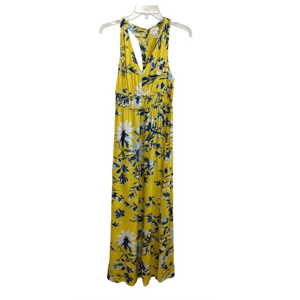 Joyous Yellow Floral Maxi Dress V-Neck Braided Waist Racerback Rayon Size M
